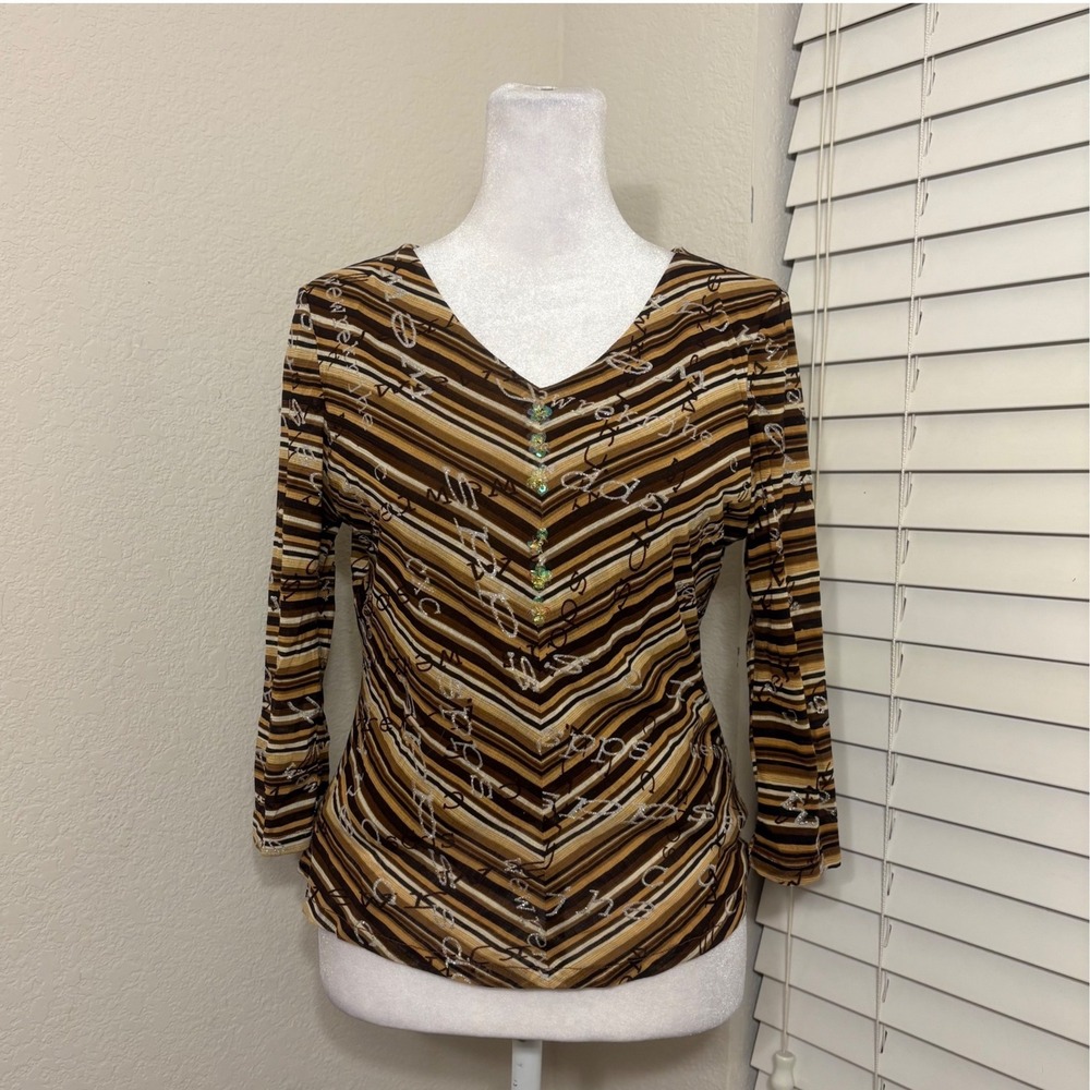 Gold brown yellow striped v neck sheer mesh 3/4 sleeve top with sequin detail